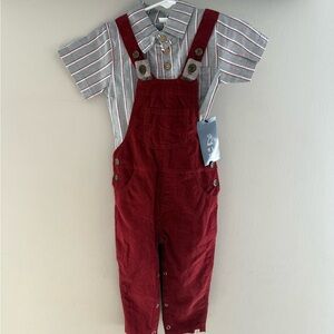 Chic Red Overalls with Striped Shirt